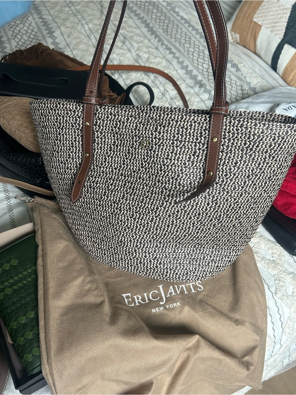 Eric Javits Brown and Cream Woven Tote with Leather Straps